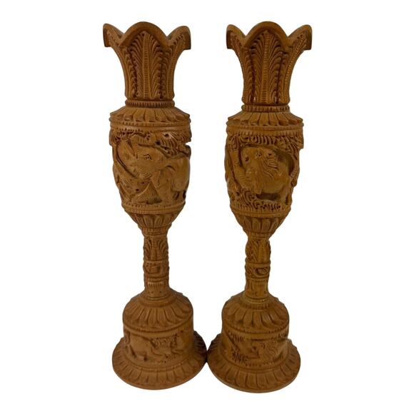 Pair Hand Carved Wooden Flower Vintage Vase Elephant Lion Home Garden Decor Art - Picture 1 of 10